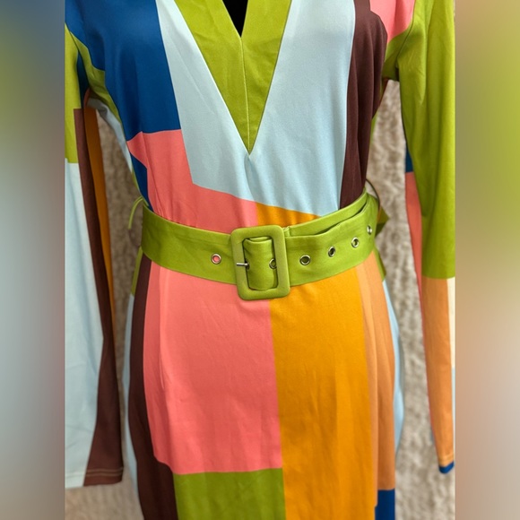 Chicme-colorful midi dress, fun mix of pinks, lime green and brown, SZ L - Picture 6 of 6